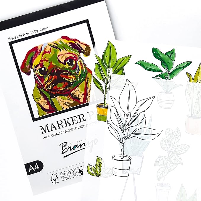 Bianyo Bleedproof Marker Paper Pad, A4(8.27"X11.69"), 50 Sheets, 18 LB / 70 GSM, Glue-Bound, 100% Cotton, White, Ideal for Use with Markers and Ink Mediums