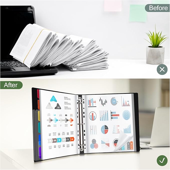 Uquelic 80-Pocket Binder with Plastic Sleeves for Letter/A4 Size(11" x 8.5"), Golden Leaf Printed Cover, Document Binder Organizer for Papers, Certificates and Artwork with Rainbow PP Divider Pages