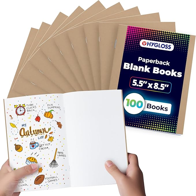 Hygloss Blank Books - Bulk 100 Pack – 5.5" x 8.5" A5 Kraft Paperback Blank Books for Kids to Write Stories, Doodle, Arts & Crafts – Plain Drawing Sketchbook, Unlined Journal, Notebook Without Lines