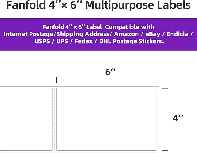 AveneMark 4 Stacks 2000 Labels 4" x 6" Fanfold Direct Thermal Labels, Postage Shipping Labels Paper with Perforated, Strong Adhesive Label for Zebra, Rollo, MUNBYN Thermal Printer,500 Labels per Stack