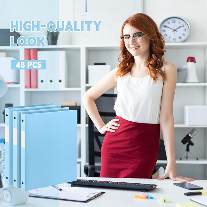 Henoyso 48 Pcs 3 Ring Binder 0.5 Inch Round Fits Letter Size 8.5'' x 11'' Paper Plastic Flexible Binder Bulk Holds 140 Sheets with 1 Pockets Versatile Organizer for Home Office School (Light Blue)