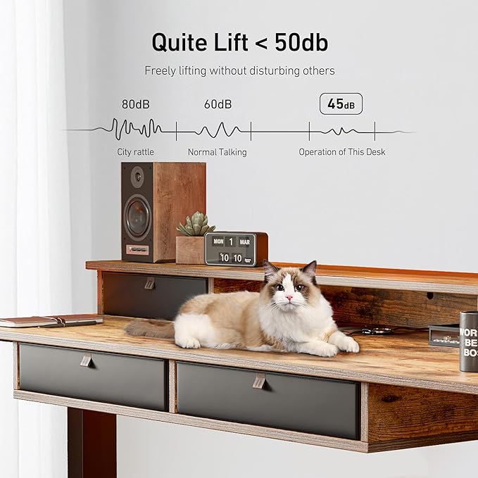 FEZIBO 60'' x 30'' Electric Standing Desk with 4 Storage Drawers, Adjustable Height Computer Table with Monitor Shelf, Stand Up Desk for Study, Gaming, Workstation, Rustic Brown Top