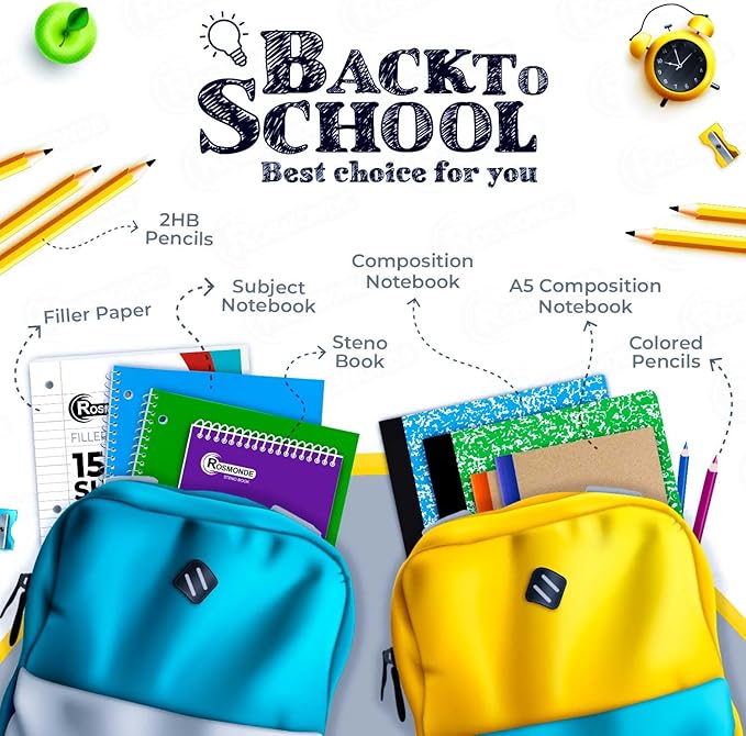 Rosmonde 36 Pack 3 Subject Spiral Notebook College Ruled Bulk, Thick Paper, Extra Pages - 300 Pages (150 Sheets), 8 x 10-1/2", Bulk Spiral Journal for School, 3 Hole Punched, Bulk Subject Notebooks