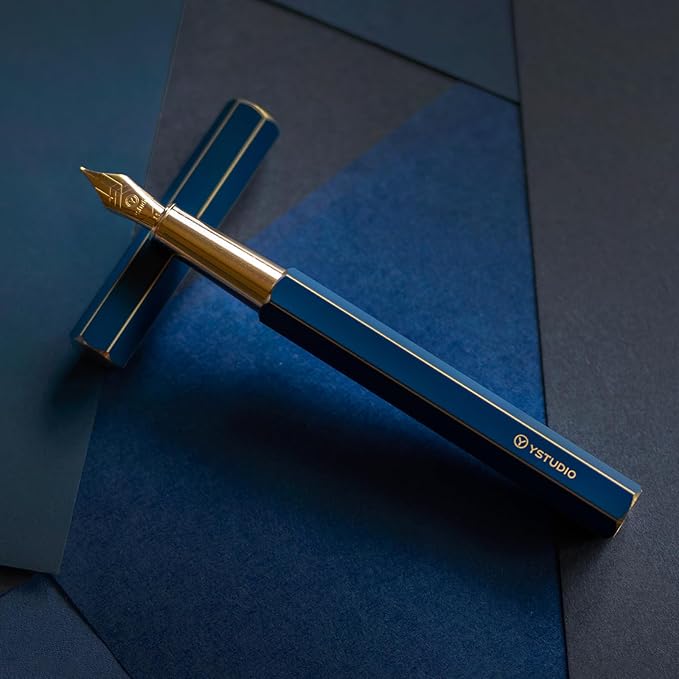 YSTUDIO Stunning Classic Revolve Fountain Pen, Schmidt Gilded Nib, Best Pen Gift Set for Men & Women, Professional, Executive Office, Nice Pens（blue，M nib）