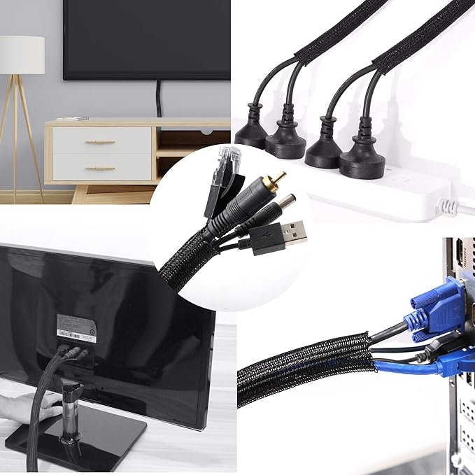 CrocSee 10ft - 3/8 inch Braided Cable Management Sleeve Cord Protector - Self-Wrapping Split Wire Loom for TV/Computer/Home Theater/Engine Bay - Black