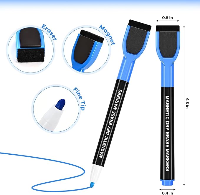 SUQJOY Magnetic Dry Erase Markers with Eraser Caps, Fine Tip 1-2mm, Low Odor Quick Dry Ink, 12 Colors, Whiteboard Marker Set for Fridge Calendar Office, 12 Count