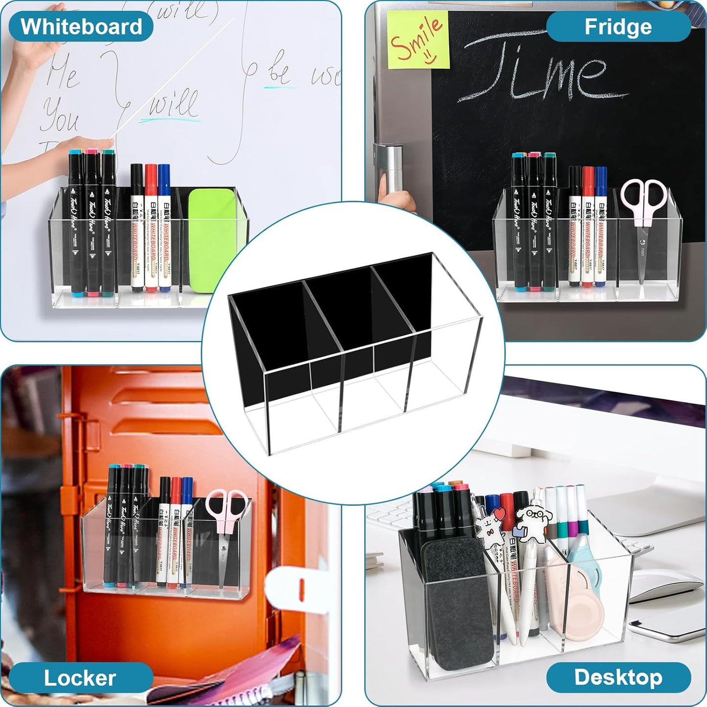 Magnetic Pen Holder, Acrylic Dry Erase Marker Holder, Large Capacity Pencil Holder for Whiteboards, Fridge, Lockers Office School Supplies (Clear & 3 Compartments)