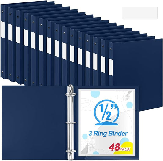 Henoyso 48 Pcs 3 Ring Binder 0.5 Inch Round Fits Letter Size 8.5'' x 11'' Paper Plastic Flexible Binder Bulk Holds 140 Sheets with 1 Pockets Versatile Organizer for Home Office School (Navy Blue)