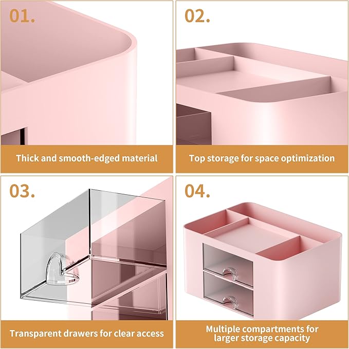 Marbrasse Pen Organizer with 2 Drawer, Multi-Functional Pencil Holder for Desk, Desk Organizers and Accessories with 5 Compartments + Drawer for Office Art Supplies (Pink)