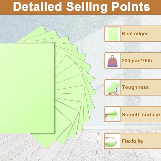 Silunkia 100 Sheets Light Green Cardstock 8.5 x 11 Certificates Paper, 200gsm/75lb Thick Card Stock Printer Paper for Cards Making, Thank You Card, Business Cards, Scrapbooking, Birthday Decorations