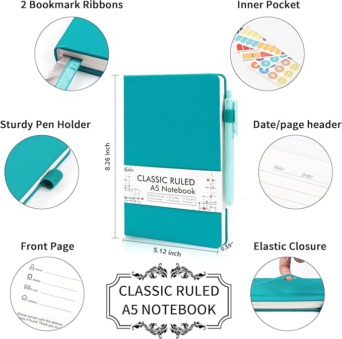 feela 18 Pack Journal Notebook for Work, Business Notebook Bulk Hardcover Lined Writing Journal with Pen Holder for Men Women Note Taking, with 18 Black Pens, 120 GSM, 5.1”x8.3”, A5, Emerald