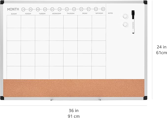 Amazon Basics 24" x 36" Monthly Whiteboard Calendar with Cork Board, Wall Mounted, Easy to Install, Silver Aluminum Frame
