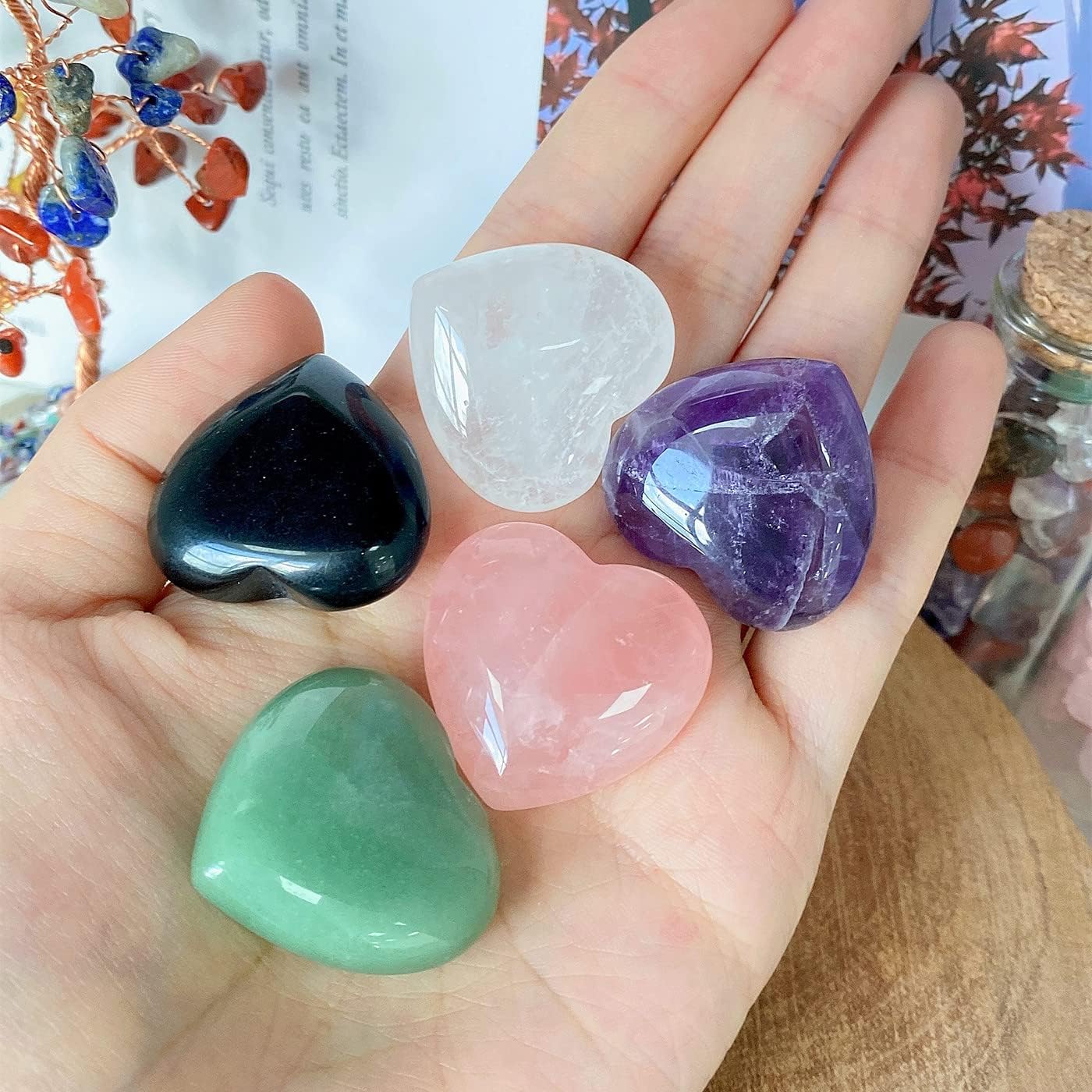 QINJIEJIE 3 PCS 1.2" Large Heart Crystals Rose Quartz Clear Crystal Green Aventurine Healing Natural Love Heart Shape Stones Polished Thumb Gemstones Therapy Reiki Energy Balancing Gifts