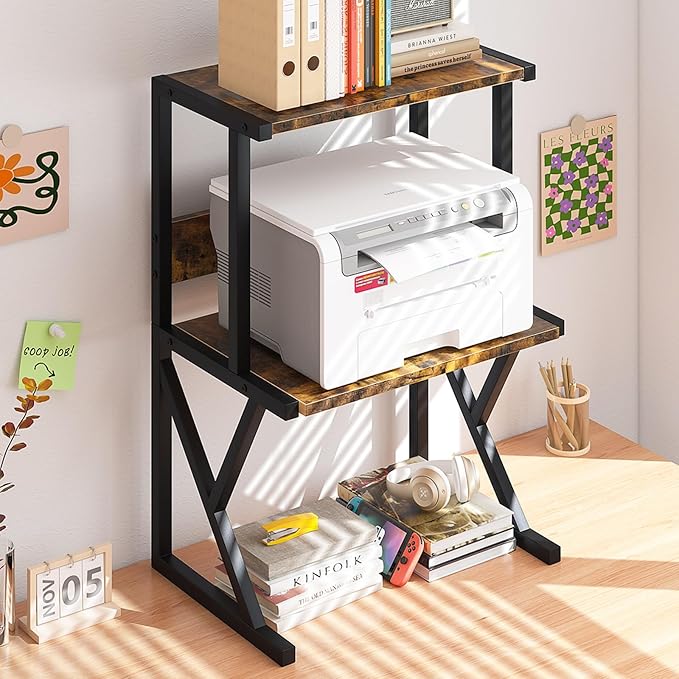 aboxoo Desktop Printer Stand with 3 Tier Wood Storage Shelves,Under Desk Printer Table,Multi-Purpose Home Office Desk Organizer for Fax Machine, Scanner (Brown)
