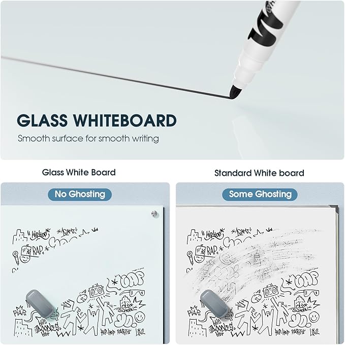 MaxGear Glass Whiteboard, Tempered Magnetic Dry Erase Board, Frameless Wall Mounted, Office Classroom Conference Room Home Use, Includes Markers, Eraser, Magnets & Mounting Kit