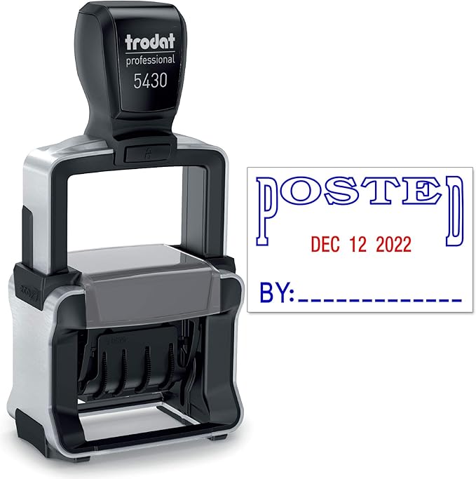 Trodat 5430 Professional Self-Inking Date Stamp with Posted - Blue/Red 2 Color Ink