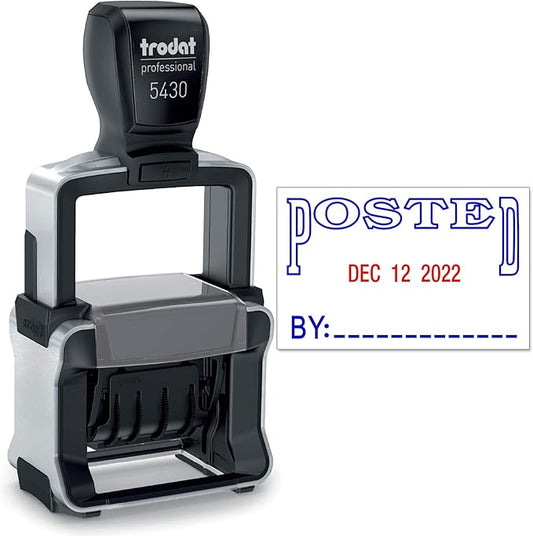 Trodat 5430 Professional Self-Inking Date Stamp with Posted - Blue/Red 2 Color Ink