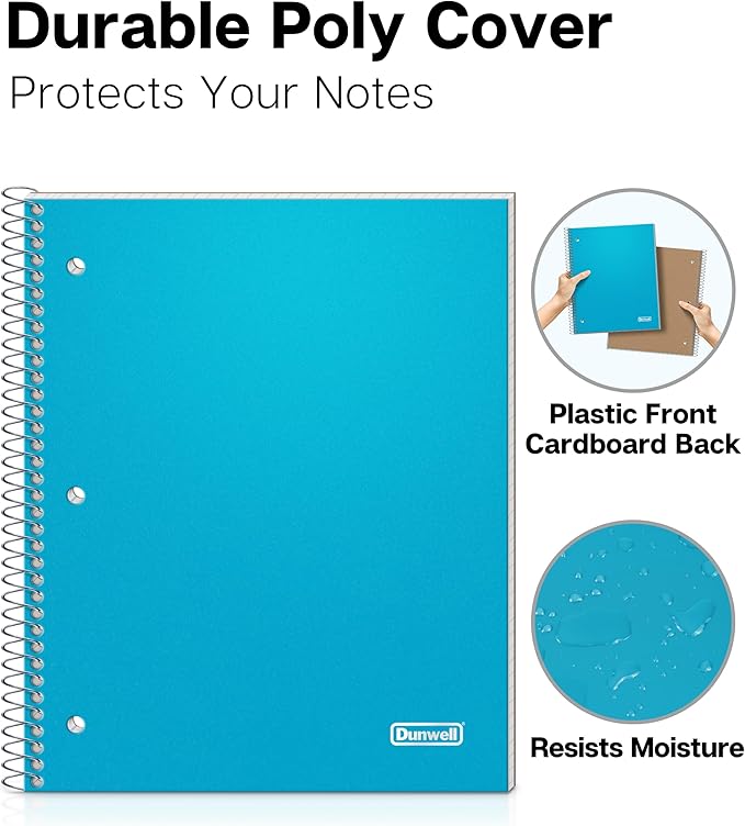 Dunwell Graph Paper Notebook 8.5 x 11 (Blue) Plastic Cover, 100 Sheets (200 Pages), 4x4 Squares, 1 Subject Graph Paper Spiral Notebook, 1/4" Grid, Pocket Divider, Easy Tear-Off, 3-Hole Punched