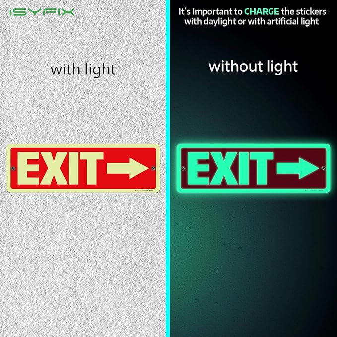 iSYFIX Exit Signs with Directional Right Arrow, Glow in the Dark, Photoluminescent Aluminum 12x4 Inch - 12 Pack, Laminated for UV & Weather Resistance, Ideal for Offices, Schools, Theaters & More