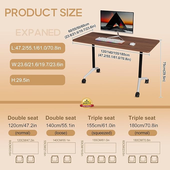 Folding Conference Table 4ft 5ft, Foldable Office Meeting Desk for 6 People, Multiple Sizes Colors Mobile Conference Room Table for Training Room School Business Furniture (6, Walnut, 47in)