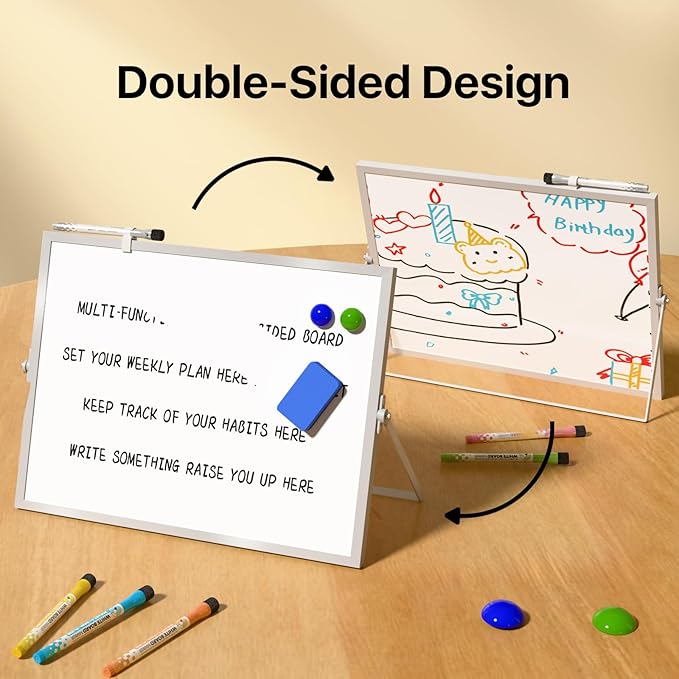 Marsrock Dry Erase White Board with Stand,Double-Sided Whiteboard 16"x12", 10 Markers,6 Magnets, 1 Eraser,Portable Desktop Whiteboard for Planning,Colorful Weekly Schedule Board for School for Home