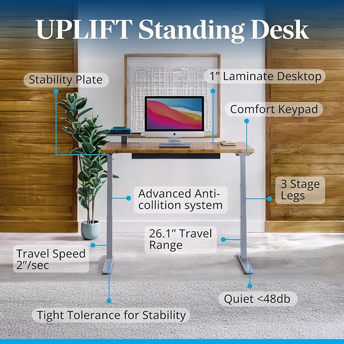 UPLIFTDESK V3 2-Leg Walnut Laminate Wood Standing Desk – Adjustable Height, Advanced 1-Touch Memory Keypad, Under Desk Cable Management, Wire Grommets & Rocker Board (Black C-Frame, 60 x 30 inch)