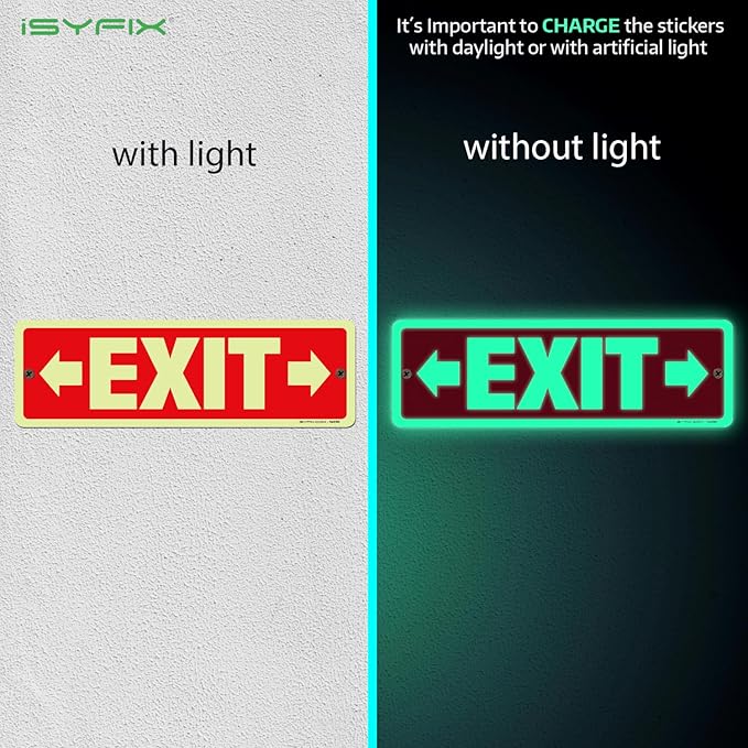 iSYFIX Exit Signs with Directional Right & Left Arrow, Glow in the Dark, Photoluminescent Aluminum 12x4 Inch - 6 Pack, Laminated for UV & Weather Resistance, Ideal for Offices, Schools, Theaters & More