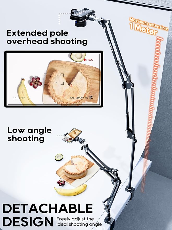 CACENCAN Overhead Camera Mount, 5lb Horizontal Load-Bearing, 360° Adjustable Stand for Desk, Flexible Arm Desk Mount, with Phone Clamp, Tabletop Mount for DSLR Camera/Webcam/Microphone（White