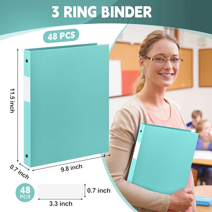 Henoyso 48 Pcs 3 Ring Binder 0.5 Inch Round Fits Letter Size 8.5'' x 11'' Paper Plastic Flexible Binder Bulk Holds 140 Sheets with 1 Pockets Versatile Organizer for Home Office School (Mint Green)