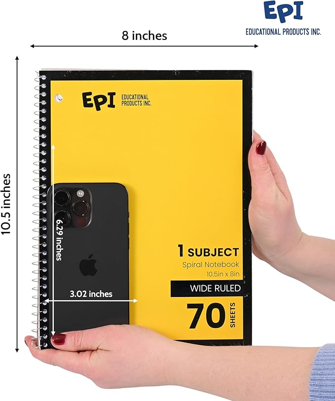 EPI Spiral Notebook | Wide - 70 Sheets, Durable Spiral Binding | 10.5 x 8 in | Classroom Supplies | School, Office, Note Taking, Journaling - 12 Pack