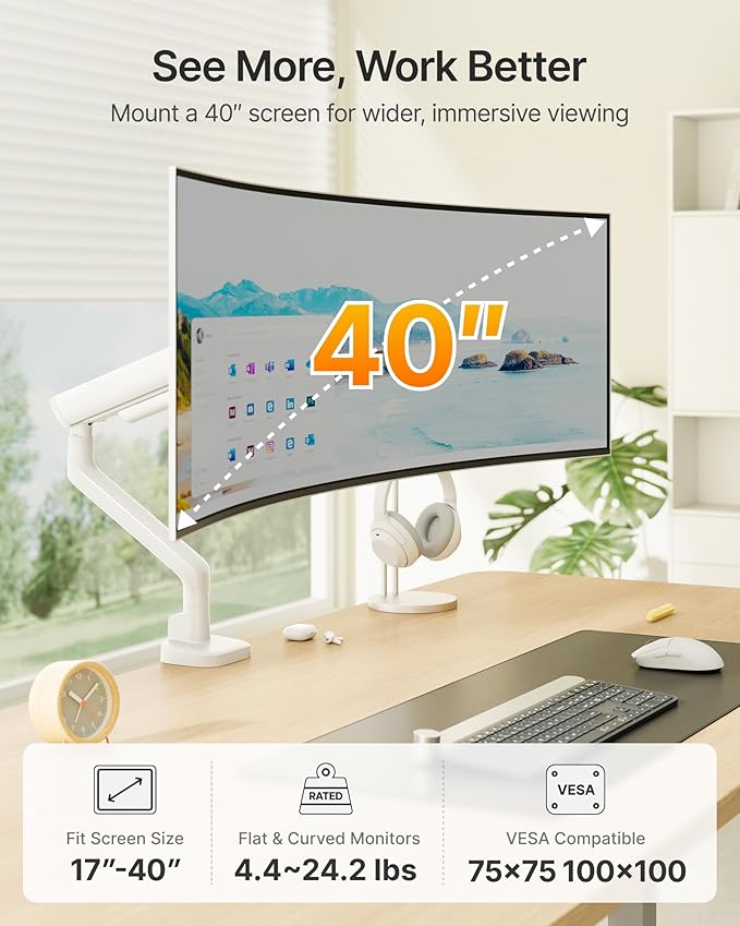 monTEK Single Monitor Arm, Mechanical Spring Monitor Arm for 17-40" Ultrawide Screens, Adjustable Monitors Desk Mount Holds up to 24.2 lbs with C Clamp/Grommet Desk Mount, VESA 75/100mm, MA1011WH