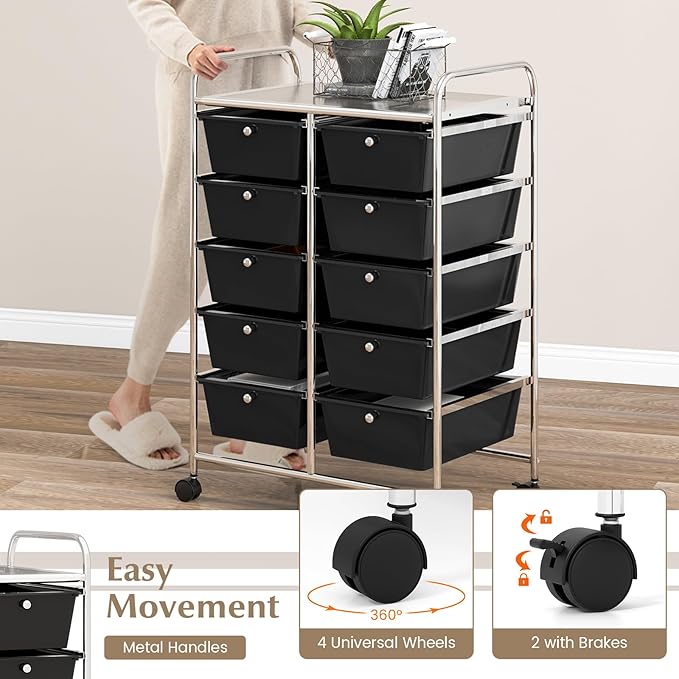GOFLAME 10-Drawer Rolling Storage Cart, Art Craft Storage Organizer on Wheels, Multipurpose Movable Utility Cart for School, Office and Home, Black