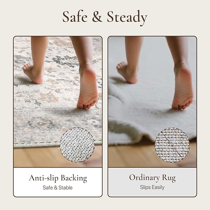 GENIMO Runner Rug 2PCs, Machine Washable Non Slip Vintage Hallway Runner Rug 17.3"x47"+17.3"x30", Low Pile Lightweight Rugs for Indoor Entryway, Hallway, Kitchen and Corridor, Light Taupe Brown