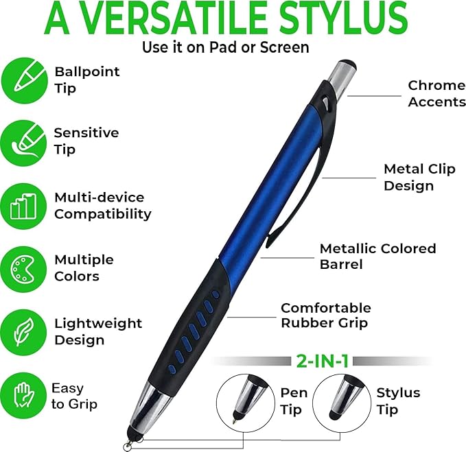 SyPen Personalized Pens With Custom Logo or Text-350 Pack Bulk-for Businesses, Parties, and Events, 2 in 1 Ballpoint Pen & Capacitive Stylus for Touchscreen Devices, Click Action, Black Ink, Blue
