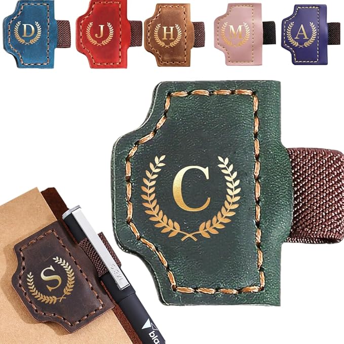 Personalized Bygone Mark Bookmark with Pen Holder, Leather Magnetic Bookmark 26 Letters,Gifts for Book Lovers, Readers, Leather Book Marks for Men Women (Green, C)