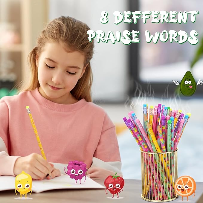 Leinuosen 60 Pcs Scented Pencils Bulk for Kids Inspirational Cute Fun Wood Smelly Pencils with Erasers Fruit Elements for School Classroom Office Students