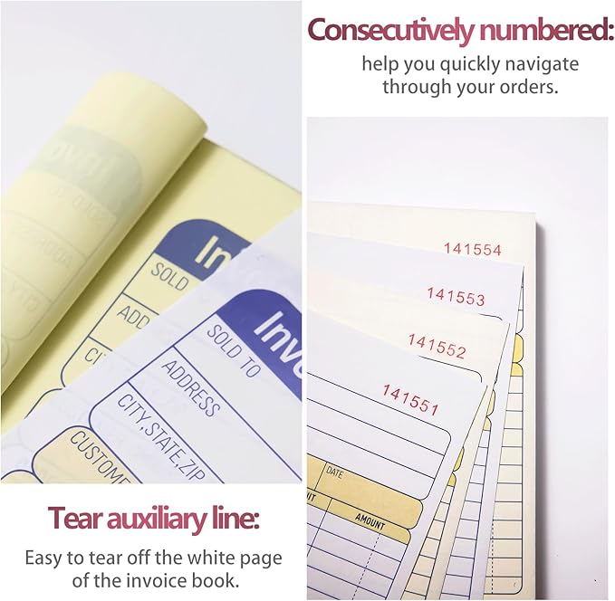 XKDOUS 5 Pack Invoice Receipt Book, 2-Part Carbonless, 5-9/16" x 8-7/16" Invoice Book for Small Business, 50 Sets per Book