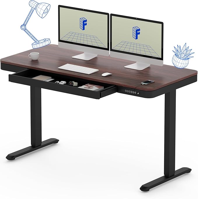 FLEXISPOT Comhar 55" Electric Standing Desk with Drawers, Quick Assembly Home Office Sit Stand Desk with Storage & USB Charging, Computer Workstation for Home Office (55" Wood, Dark Walnut/Black)