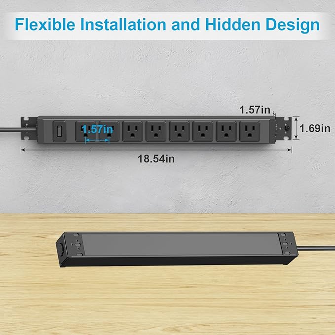 HHSOET Metal 360° Rotating Mountable Power Strip, 8 Outlet Gaming Table Mounted Long Power Strip, Heavy Duty Wall Mount Surge Protector with Switch, 15A 125V 1875W, 15ft Power Cord.(Black)