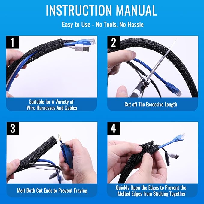 Flauzmann 1/2" Braided Cable Sleeve - 10Ft Cat Cord Protector Split Wire Loom Tubing Flexible Self Wrapping for USB, Audio, Automotive Cord, Dog Chew Proof Cable Protector - Black