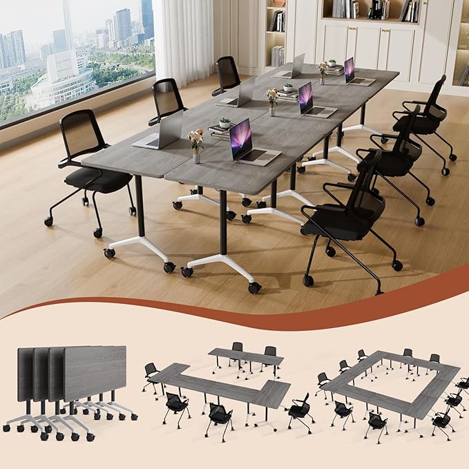 Folding Conference Table 4ft 5ft, Foldable Office Meeting Desk for 6 People, Multiple Sizes Colors Mobile Conference Room Table for Training Room School Business Furniture (2, Grey, 47in)