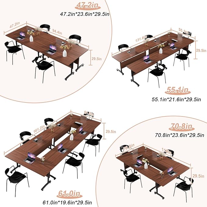 Conference Table Flip Top Mobile Conference Room Tables,Folding Conference Table with Wheels,Large Meeting Training Seminar Table Saving Space for Office Classroom(2D,70.8'')