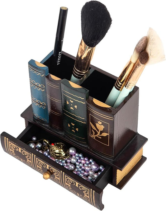 VERGOODR Decorative Pencil and Pen Holder with Storage Drawer, Wooden Desk Organizer Caddy, Antique Library Books Design Pen Cup for Office Supplies, Countertop, Desk,Table (Red)