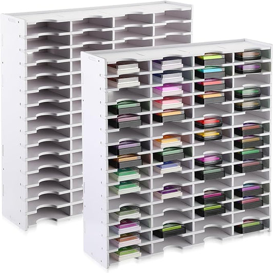 Sunnychicc 2 Pack 60 Grids Ink Pad Storage Holder Stamp Organizer, Ink Pad Stamp Holder Storage Rack for Home Office Crafts School Supplies, White