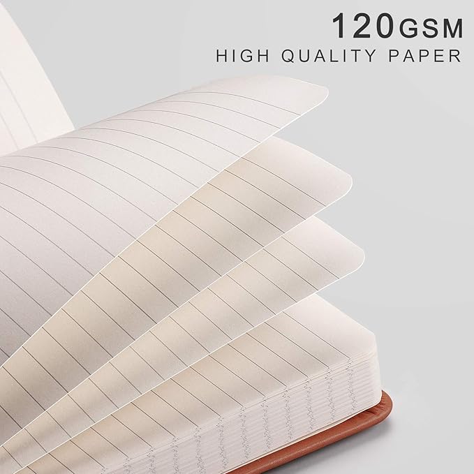 EMSHOI Lined Journal Notebook, 120 gsm Leather Hardcover with Sticky Notes & 256 Numbered A5 Pages – College Ruled Notebook for Writing, Work, School, Men, Women | 5.75”x8.38” – Brown