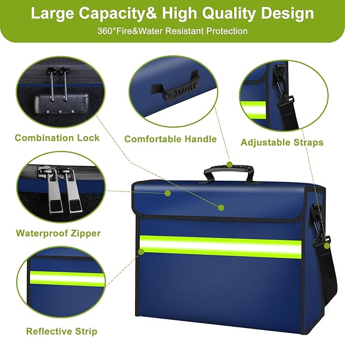 Fireproof Money Bags with Lock-6500°F Fireproof Document Box,10 Layers Insulation Materials&Waterproof Zipper,Removable Folder Layers/Wallet,Reflective Strip for Cash,Valuables(14.2”x 9.6”x 4.1”)