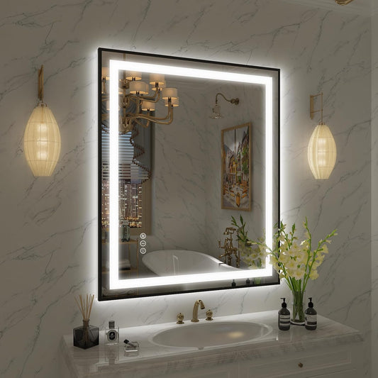 OKPAL 30x36 Framed LED Bathroom Mirror, Black Lighted Mirrors for Bathroom Wall, Front and Backlit LED Vanity Mirror, Dimmable, Anti-Fog, Memory, Shatterproof, Horizontal/Vertical
