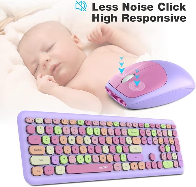 MOFII Wireless Keyboard and Mouse Combo, 2.4G Silent Cordless Slim Full Size Keyboard and Ergonomic Mice Set for Laptop, Desktop, MacBook, PC - Purple Colorful