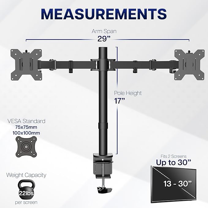 VIVO Dual Monitor Desk Mount, Holds 2 Computer Screens up to 30 inches and 22lbs Each, Heavy Duty Fully Adjustable Steel Stand with C-Clamp and Grommet, Black, STAND-V002