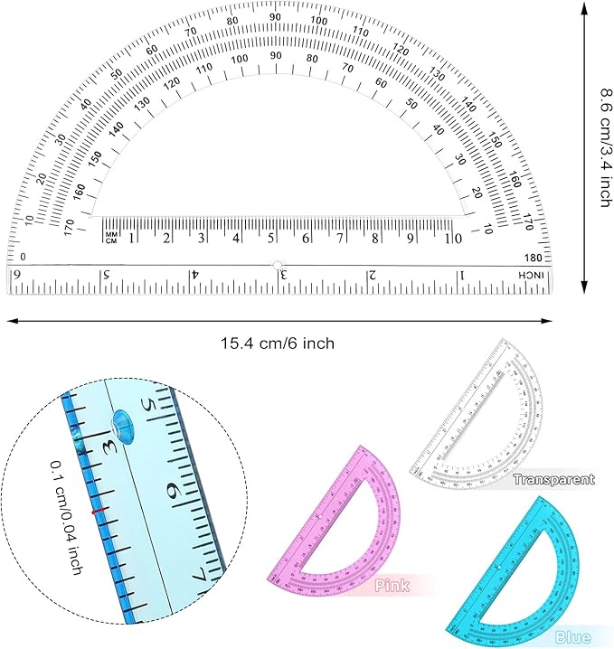 Zonon 12 Pack 6 Inch Plastic Protractor Christian Charity Donation 180 Degrees Pink Blue Clear Protractors for Classroom School Math Teacher Student Office Supplies Christmas Operation Gifts